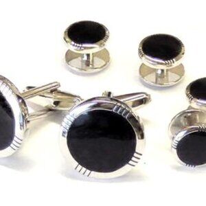 Jet Black Center Embossed Wide Bezel Detail/ 19mm Cuff Links (4) 11mm Studs
